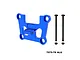 A blue anodized aluminium front bulkhead mount for RC cars by GPM Racing, shown with two long black screws and two nuts on a white background.