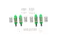 A set of four green aluminium RC shock absorbers with extra springs, screws, and spacers laid out on a white background.