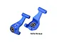 A pair of blue anodized aluminium rear hubs for RC cars by GPM Racing, featuring pre-installed ball bearings and laser-etched markings.