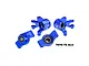Four blue anodized aluminium RC car steering and rear hubs by GPM Racing, featuring pre-installed bearings and marked with L and R indicators.