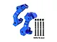 A pair of blue anodized aluminium C-hub carriers for RC cars, labeled L and R, with four black metal screws and four black nuts, set against a white background.