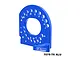 A blue anodized aluminium GPM Racing motor mount with lettered adjustment holes on a white background.
