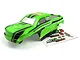 A green and black painted RC truck body shell for the BlackZon Slyder MT Turbo, shown with an included decal sheet on a white background.