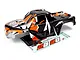 Maverick Quantum2 MT RC truck body shell in orange and black with a matching decal sheet on a white background.
