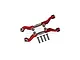 Two red anodized aluminium steering tie rods for RC cars with four included mounting screws on a white background.