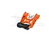 An orange anodized aluminium RC wheelie bar with a black rubber roller and included mounting screws, set against a white background.