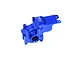 A blue anodized aluminium gearbox case for an RC car by GPM Racing, featuring mounting points and a central bearing housing.