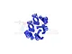 A set of six blue anodized aluminium RC car hub carriers and steering knuckles from GPM Racing, arranged on a white background.