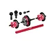 A set of GPM Racing RC differential parts including red aluminum housings, black steel gears, and a red aluminum driveshaft on a white background.