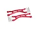 Two red anodized aluminium upper suspension arms for RC cars, including mounting pins, screws, and spacers, set against a white background.