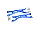 Two blue anodized aluminium RC suspension arms with included metal hinge pins, screws, and washers on a white background.