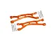 Two orange anodized aluminium RC suspension arms with included metal pins, screws, and washers on a white background.