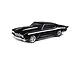 A studio shot of a black Losi 1970 Chevelle No Prep RC drag car on a white background, featuring white side stripes and silver wheels.