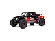 A studio shot of the Losi Hammer Rey U4 4WD RC rock racer in Currie Red livery, featuring a detailed roll cage, driver figures, and off-road tires.