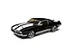 A 1/10 scale Losi 1969 Chevy Camaro V100 RC car in black with white racing stripes, shown from a high-angle front three-quarter view on a white background.