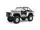 Axial SCX10 III Early Ford Bronco RC rock crawler in white with blue side stripes, black roll cage, and off-road tires on a white background.