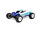 A Losi Mini-T 2.0 1/18 scale RC stadium truck in blue and white livery, shown from a front-three-quarter angle on a white background.