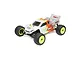 Losi Mini-T 2.0 1/18 scale RC stadium truck in grey with orange and yellow decals, featuring bright yellow wheels and off-road tires.