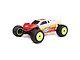Losi Mini-T 2.0 1/18 scale 2WD RC stadium truck in red, white, and yellow livery with neon yellow wheels, isolated on a white background.