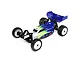 A studio shot of the Losi Mini-B 2.0 1/16 scale RC buggy in blue, featuring a white and green livery, white wheels, and black off-road tires.