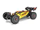 ARRMA TYPHON Mega 665 1/8 scale RC buggy in yellow and black with red accents, featuring off-road tires and a rear spoiler, isolated on a white background.
