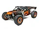 Losi DBXL-E 2.0 1/5 scale RC buggy in Fox Racing livery with black and orange paint scheme, off-road tires, and LED light bar.