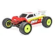 Losi Mini-T 2.0 1/18 scale RC stadium truck in red and white livery with neon yellow wheels, shown from a front three-quarter angle on a white background.
