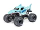 Losi Mini LMT Megalodon RC monster truck with a shark-shaped body, large BKT tires, and 4WD chassis on a white background.