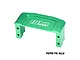 A green anodized aluminium GPM Racing servo mount for RC cars, featuring a bridge-like design with mounting holes on the side legs.