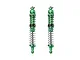 Two green anodized aluminium RC shock absorbers with silver coil springs, standing vertically against a white background.