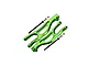 A pair of green anodized aluminium front upper suspension arms for an RC car, including mounting hardware, isolated on a white background.