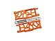 Two orange anodized aluminium rear lower suspension arms for an RC car, with included metal pins and screws, arranged on a white background.
