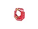 A red anodized aluminium motor mount for RC cars by GPM Racing, featuring gold-coloured metal inserts and the letter A engraved on the face.