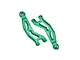 A pair of green anodized aluminium front upper suspension arms for RC cars by GPM Racing, featuring 7075 alloy branding.