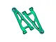 Two green anodized aluminium front lower suspension arms for RC cars by GPM Racing, featuring a triangular cut-out design.