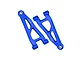 A pair of blue anodized aluminium front lower suspension arms for an RC car by GPM Racing, featuring 7075 alloy branding.
