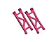 Two red anodized aluminium rear lower suspension arms for RC cars by GPM Racing, featuring a triangular cut-out design.