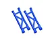 A pair of blue anodized aluminium rear lower suspension arms for an RC car, featuring a triangular cut-out design and GPM branding.