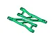A pair of green anodized aluminium rear upper suspension arms for an RC car, featuring GPM Racing branding and 7075 alloy markings.