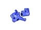 Two blue anodized aluminium GPM Racing fork lug parts for an RC motorcycle, shown against a plain white background.