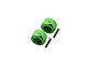 Two green anodized aluminium RC front wheel hex adapters with 7.5mm engraved on them, accompanied by two flat-head screws.