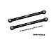 Two black GPM Racing aluminium front steering toe links for RC cars, featuring silver metal pivot ball ends and printed text indicating dimensions and material.