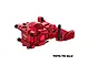 A red anodized aluminium front bulkhead for an RC car by GPM Racing, featuring a complex machined design with black hardware.
