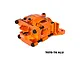An orange anodized aluminium rear bulkhead assembly for an RC car by GPM Racing, shown against a white background.