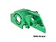 A green anodized aluminium integrated motor base for an RC car, featuring a circular motor mount pattern and GPM branding.
