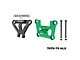GPM Racing aluminium front bulkhead and bumper mount brace set in green, featuring two metal brackets and two long screws on a white background.