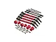 GPM Racing RC upgrade kit featuring red aluminium driveshafts, wheel hexes, steel steering links, bearings, and hardware on a white background.
