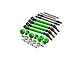 GPM Racing upgrade kit featuring green aluminum driveshafts, wheel hexes, steel steering links, bearings, and hardware on a white background.