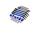 GPM Racing upgrade kit featuring blue aluminium CVD driveshafts, wheel hexes, steering links, bearings, and hardware on a white background.
