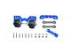 GPM Racing blue aluminium adjustable rear wheelie bar kit for RC cars, including wheels, mounting brackets, screws, and nuts on a white background.